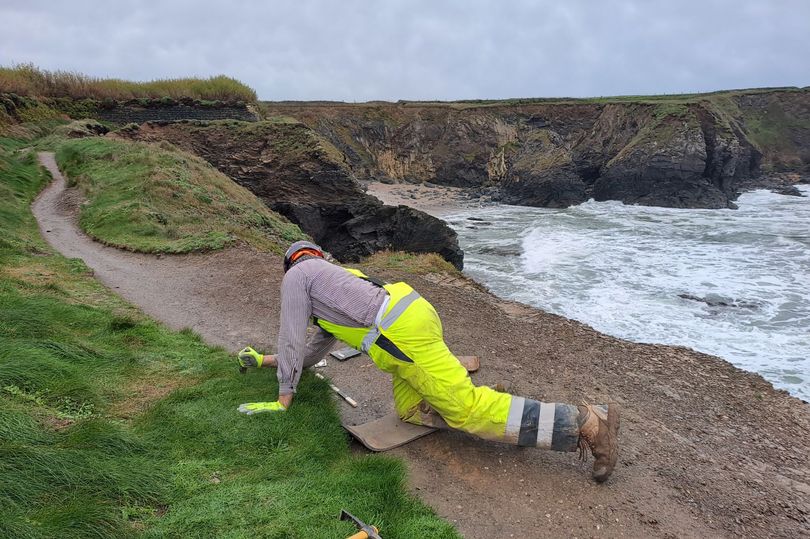 Archaeologist digging on the cliff top at Trevone, Cornwall