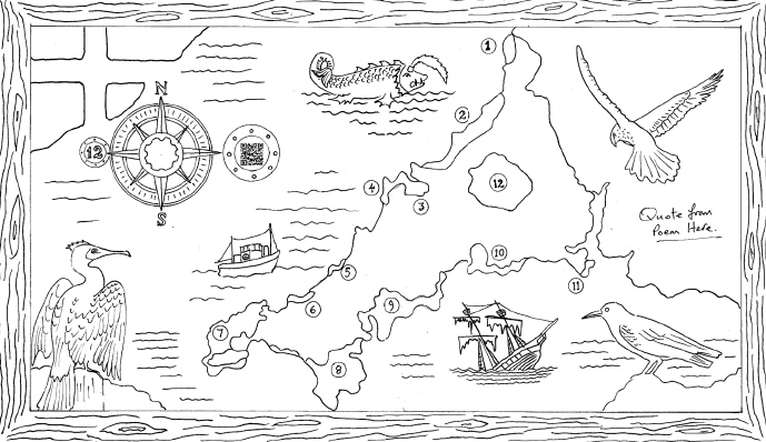 Line illustration of back rest of Drolla - The Storytelling Bench showing map of Cornwall and mythical creatures